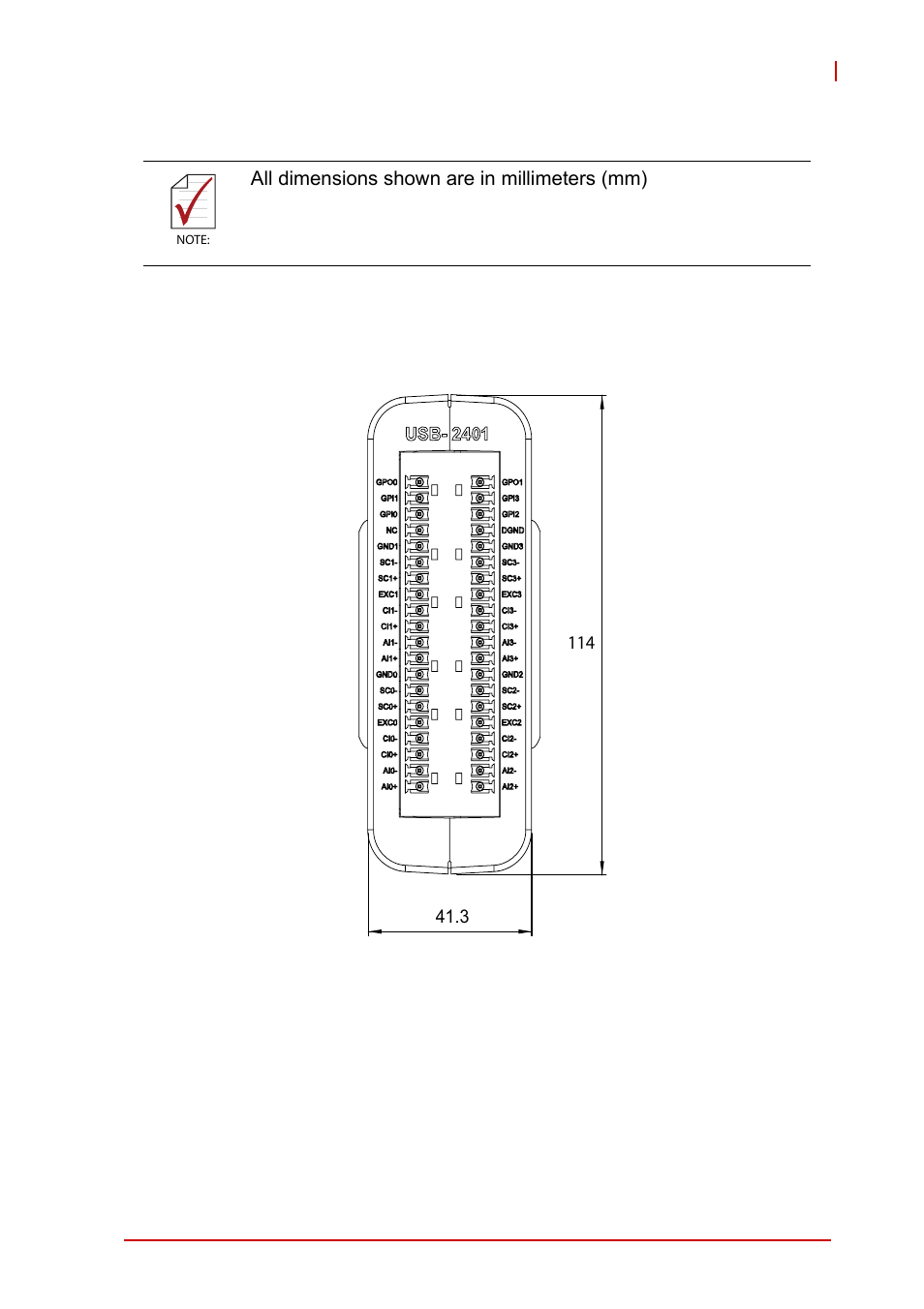 8 overview and dimensions, 1 module, Overview and dimensions | Module, Figure 1-2, Usb-2401 module rear view | ADLINK USB-2401 User Manual | Page 21 / 60