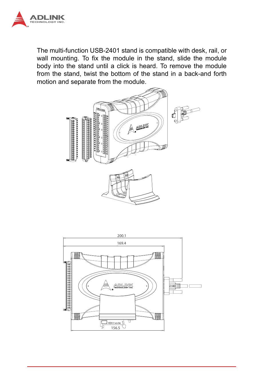 2 module stand, Module stand, Figure 1-5 | Module, stand, connector, and usb cable, Figure 1-6 | ADLINK USB-2401 User Manual | Page 24 / 60