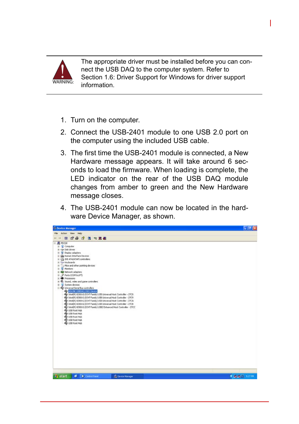 2 getting started, 1 connecting the usb-2401 module, Connecting the usb-2401 module | Figure 2-1, Usb-2401 module in windows device manager, 2getting started | ADLINK USB-2401 User Manual | Page 31 / 60