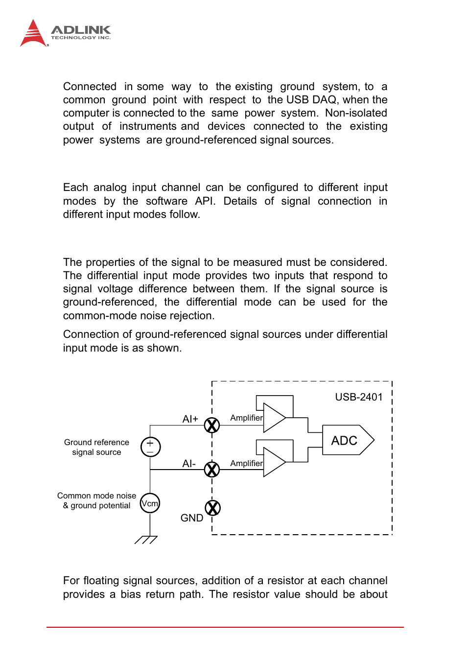 2 ground-referenced signal source, 3 signal connection, 1 voltage input mode | Ground-referenced signal source, Signal connection, Voltage input mode, Figure 3-2, Ground-referenced source and differential input | ADLINK USB-2401 User Manual | Page 38 / 60