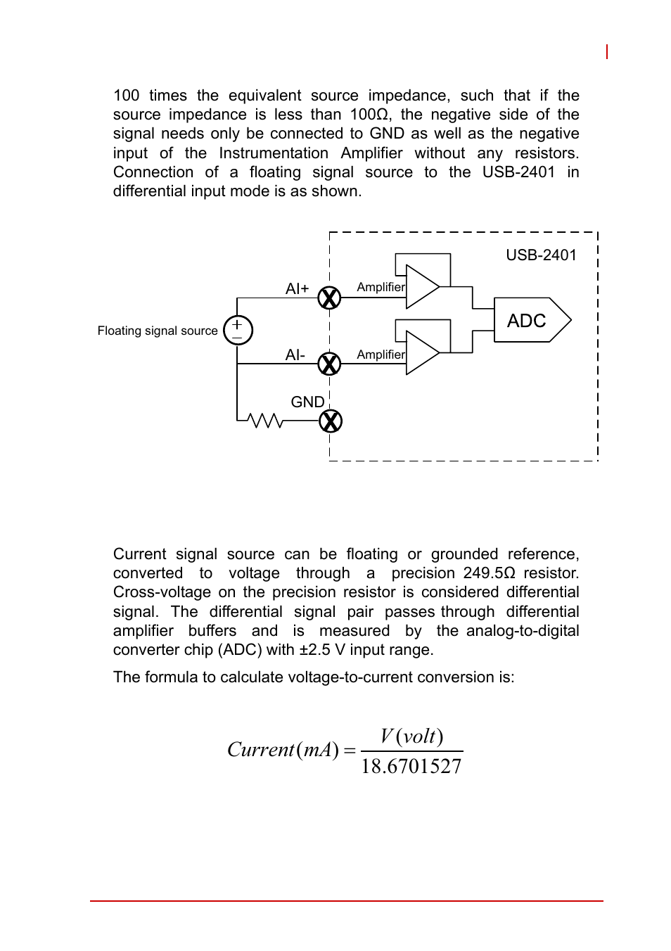 2 current input mode, Current input mode, Figure 3-3 | Floating source and differential input | ADLINK USB-2401 User Manual | Page 39 / 60