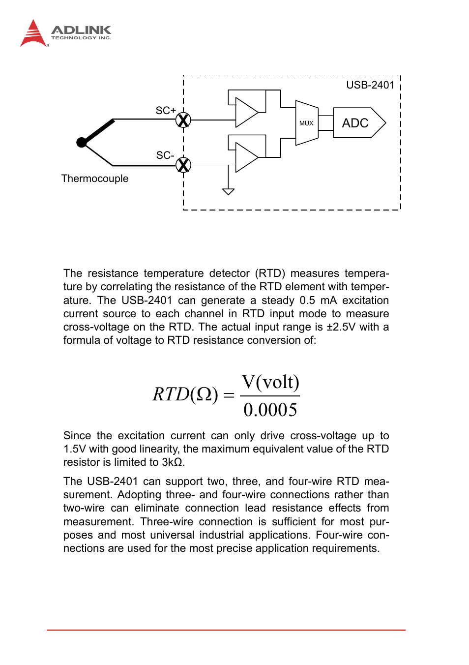 5 rtd input mode, Rtd input mode, Figure 3-6 | Thermocouple connection, 0005 v(volt) ) ( = ω rtd | ADLINK USB-2401 User Manual | Page 42 / 60