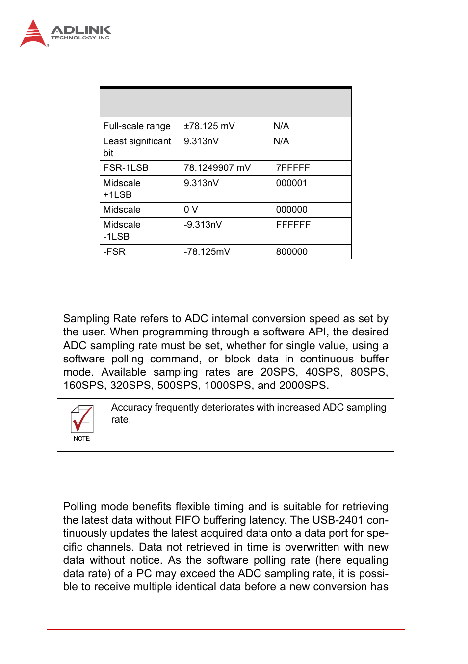 5 adc sampling rate, Adc sampling rate, Software polling data transfer | ADLINK USB-2401 User Manual | Page 46 / 60