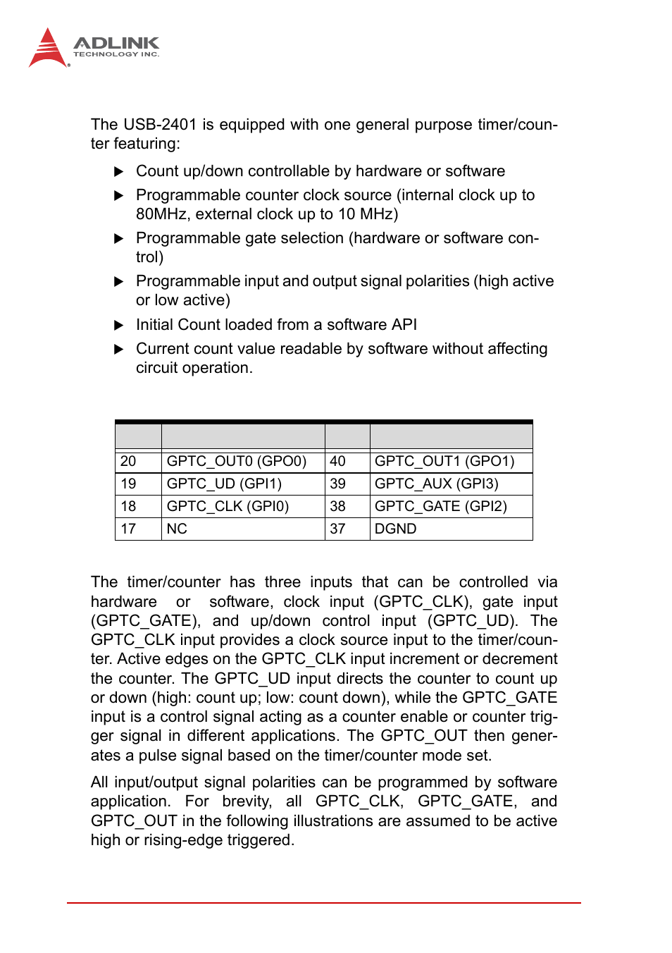 2 general purpose timer/counter, General purpose timer/counter, Table 3-4: timer/counter pin definition | ADLINK USB-2401 User Manual | Page 48 / 60