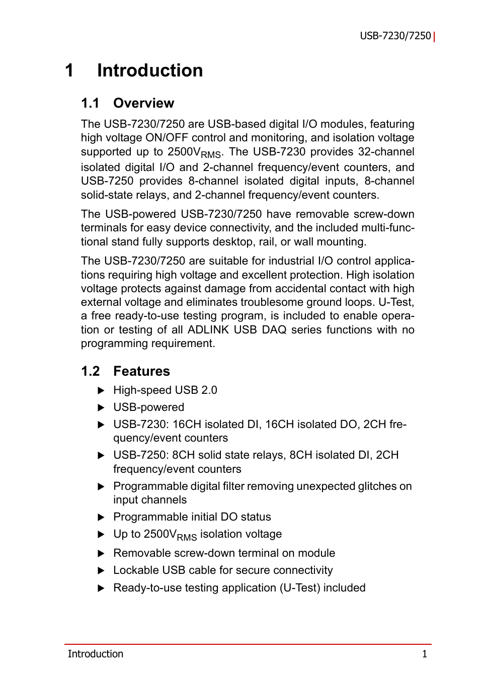 1 introduction, 1 overview, 2 features | Overview, Features, 1introduction | ADLINK USB-7250 User Manual | Page 11 / 50