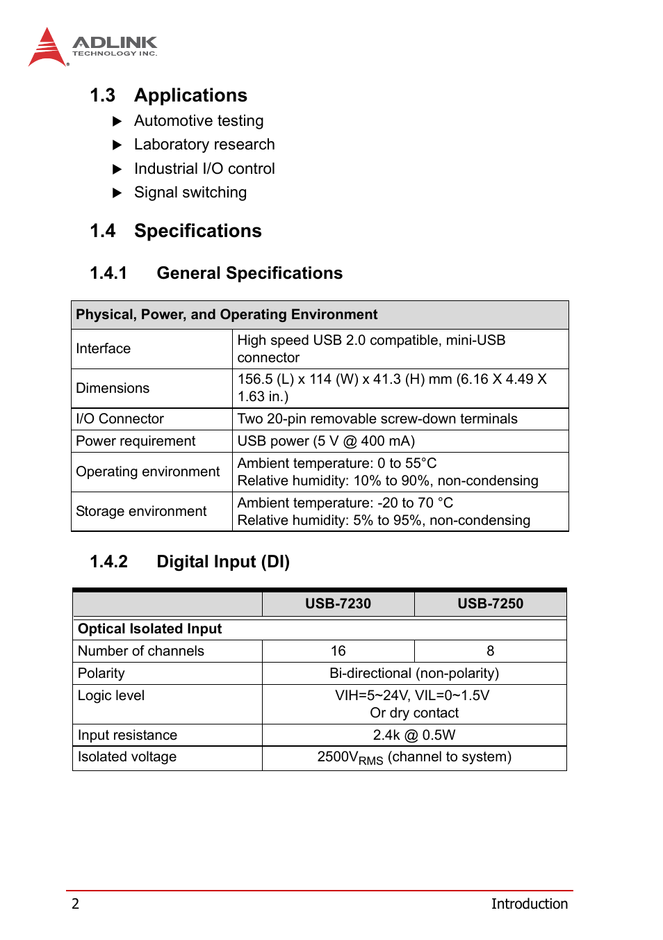 3 applications, 4 specifications, 1 general specifications | 2 digital input (di), Applications, Specifications, General specifications, Digital input (di) | ADLINK USB-7250 User Manual | Page 12 / 50