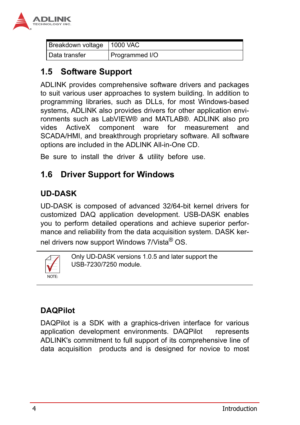 5 software support, 6 driver support for windows, Ud-dask | Daqpilot, Software support, Driver support for windows | ADLINK USB-7250 User Manual | Page 14 / 50