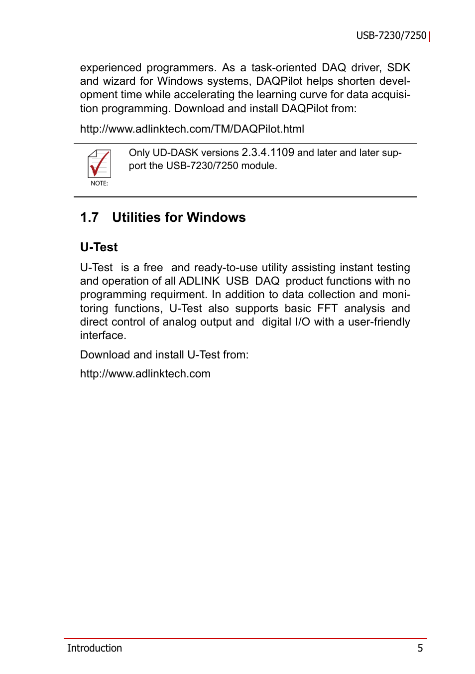 7 utilities for windows, U-test, Utilities for windows | ADLINK USB-7250 User Manual | Page 15 / 50