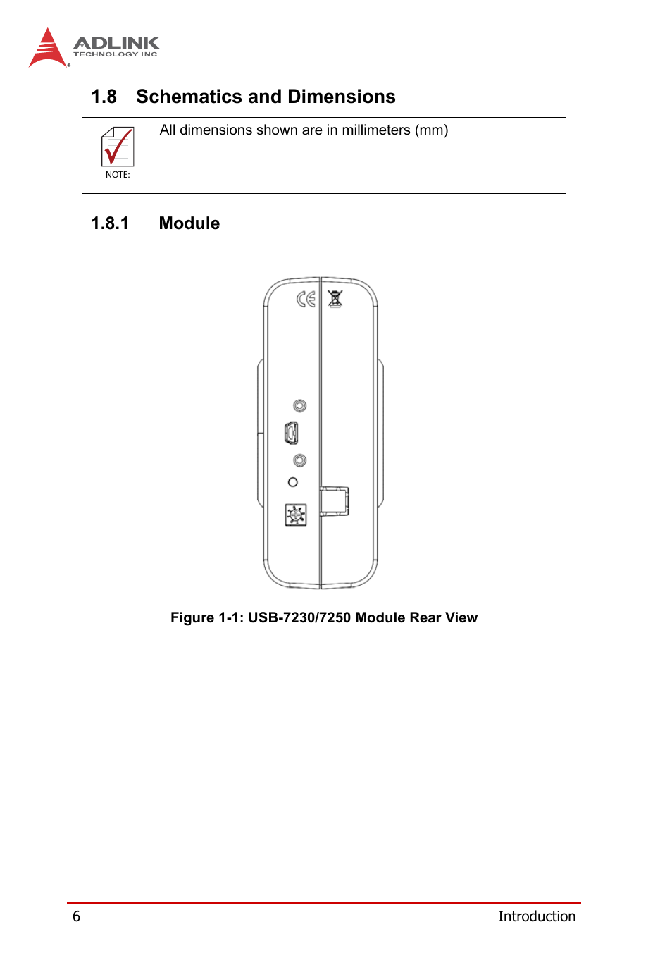 8 schematics and dimensions, 1 module, Schematics and dimensions | Module, Figure 1-1, Usb-7230/7250 module rear view | ADLINK USB-7250 User Manual | Page 16 / 50