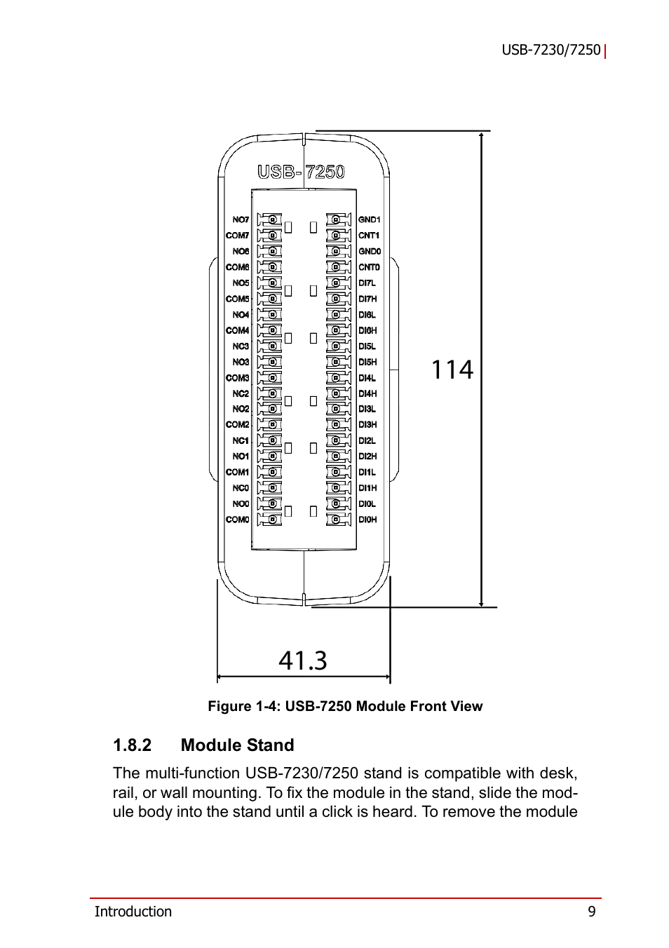 2 module stand, Module stand, Figure 1-4 | Usb-7250 module front view | ADLINK USB-7250 User Manual | Page 19 / 50