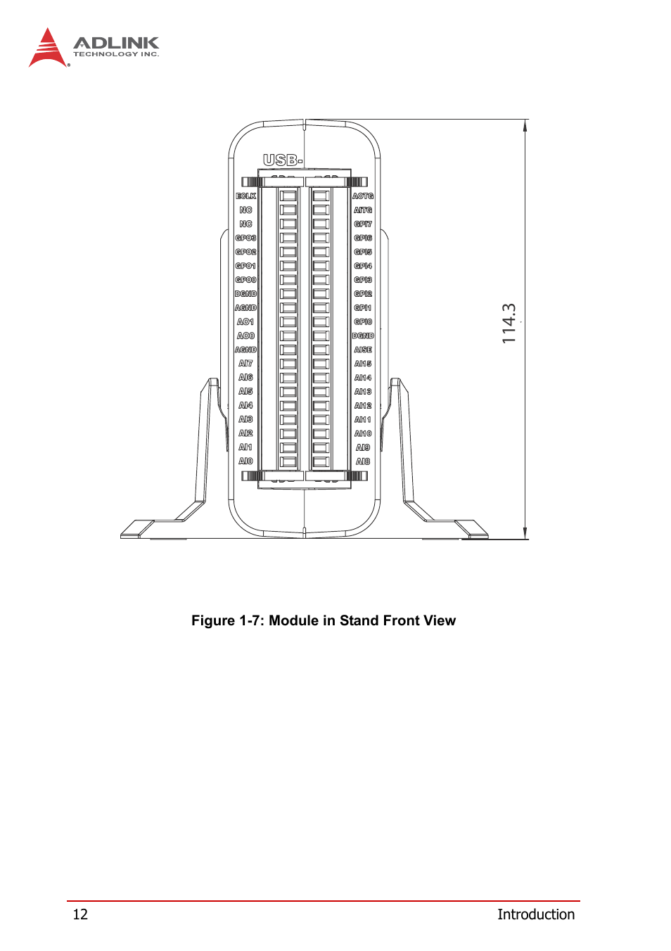 Figure 1-7, Module in stand front view | ADLINK USB-7250 User Manual | Page 22 / 50