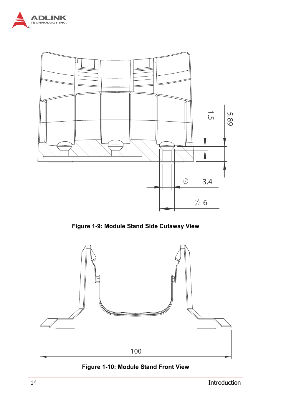 Figure 1-9, Module stand side cutaway view, Figure 1-10 | Module stand front view | ADLINK USB-7250 User Manual | Page 24 / 50