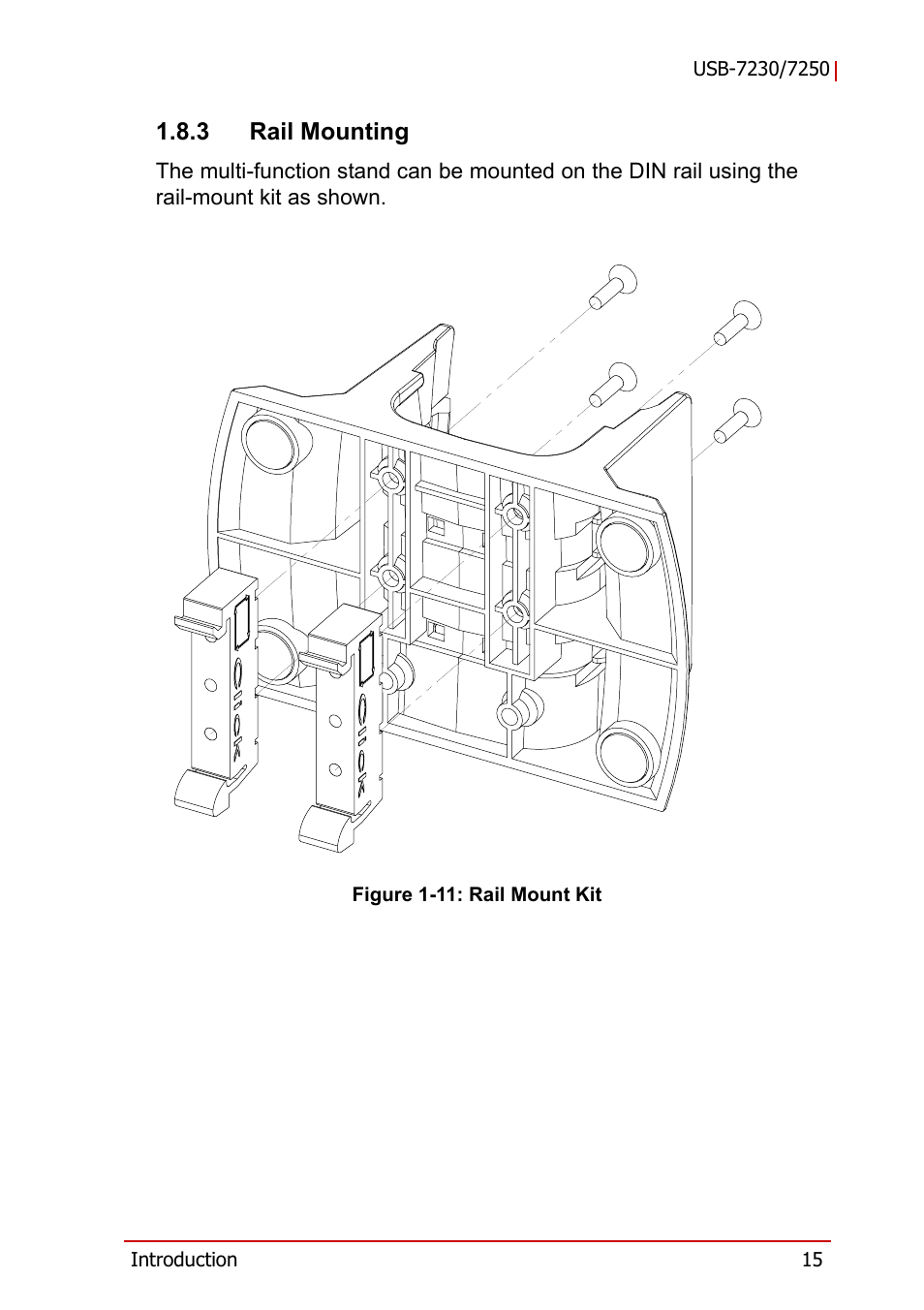 3 rail mounting, Rail mounting, Figure 1-11 | Rail mount kit | ADLINK USB-7250 User Manual | Page 25 / 50