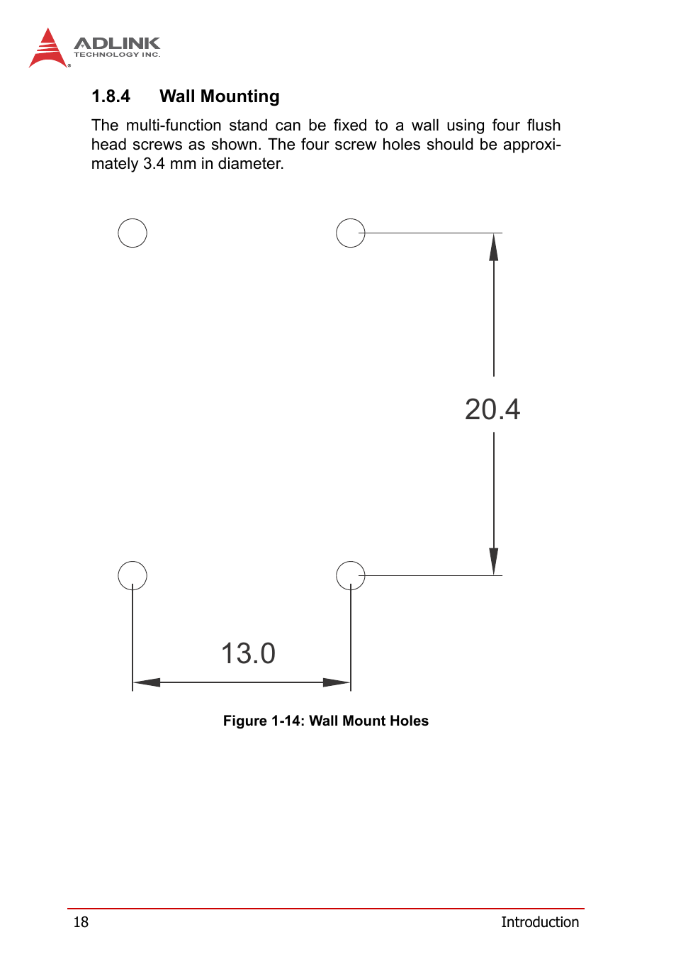 4 wall mounting, Wall mounting, Figure 1-14 | Wall mount holes | ADLINK USB-7250 User Manual | Page 28 / 50