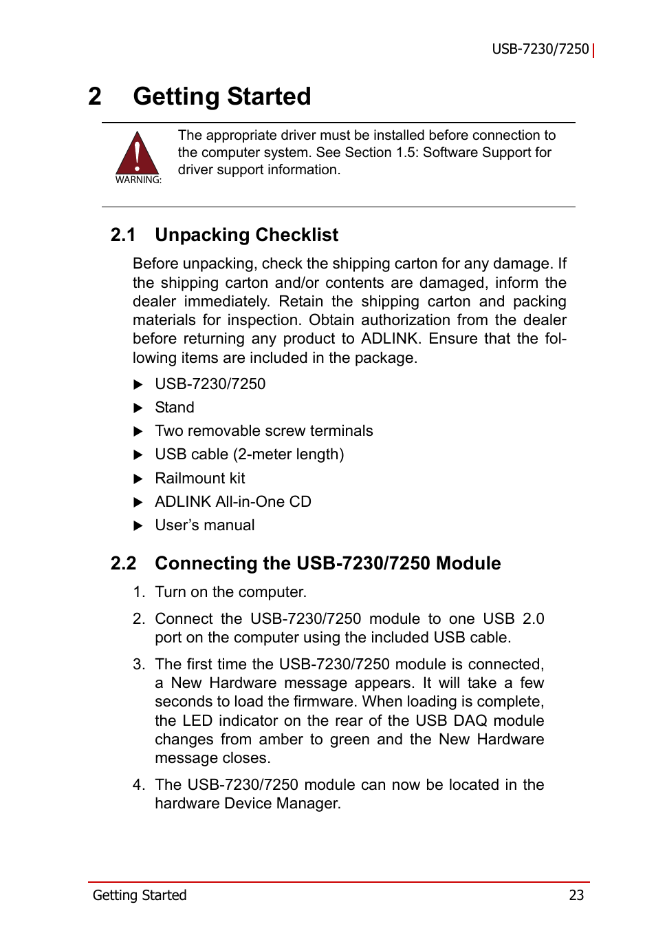 2 getting started, 1 unpacking checklist, 2 connecting the usb-7230/7250 module | Unpacking checklist, Connecting the usb-7230/7250 module, 2getting started | ADLINK USB-7250 User Manual | Page 33 / 50