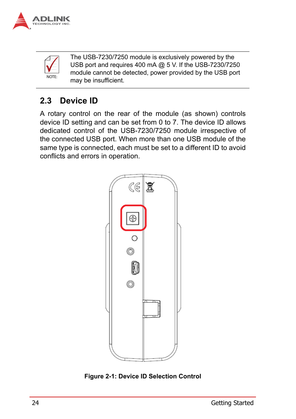 3 device id, Device id, Figure 2-1 | Device id selection control | ADLINK USB-7250 User Manual | Page 34 / 50