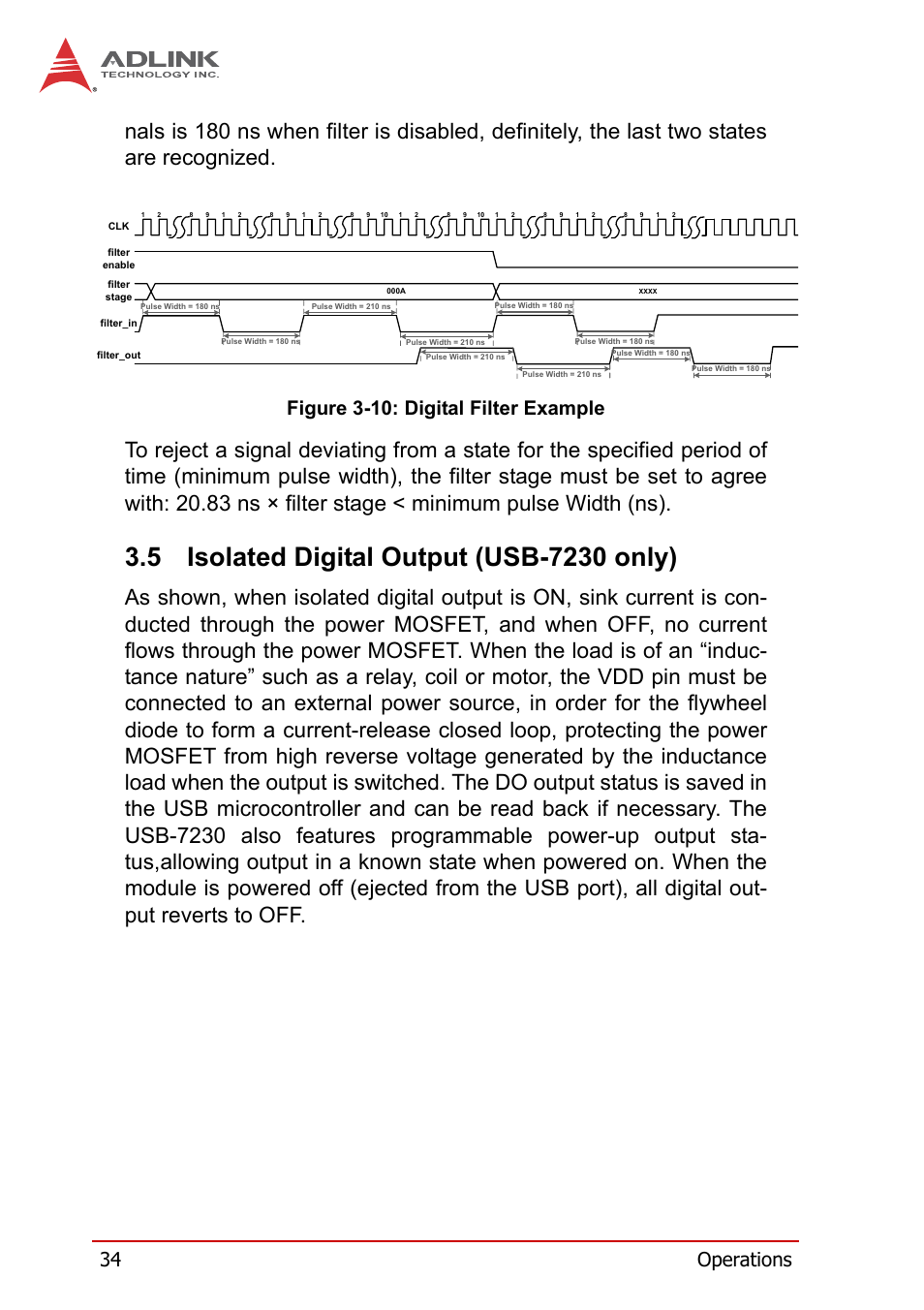 5 isolated digital output (usb-7230 only), Isolated digital output (usb-7230 only), Figure 3-10 | Digital filter example, 34 operations, Figure 3-10: digital filter example | ADLINK USB-7250 User Manual | Page 44 / 50