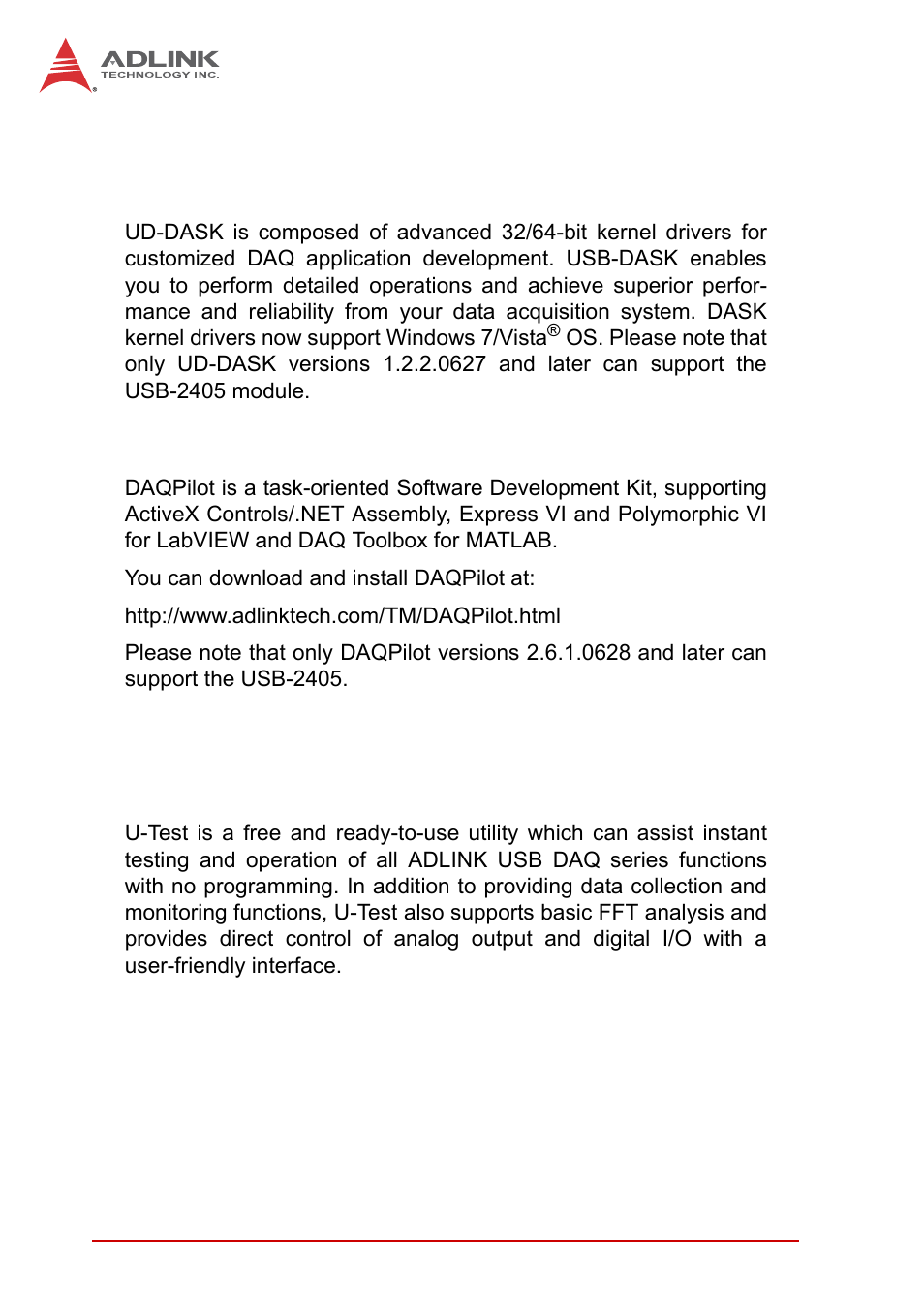 6 driver support for windows, Ud-dask, Daqpilot | 7 utilities for windows, U-test, Driver support for windows, Utilities for windows | ADLINK USB-2405 User Manual | Page 16 / 56