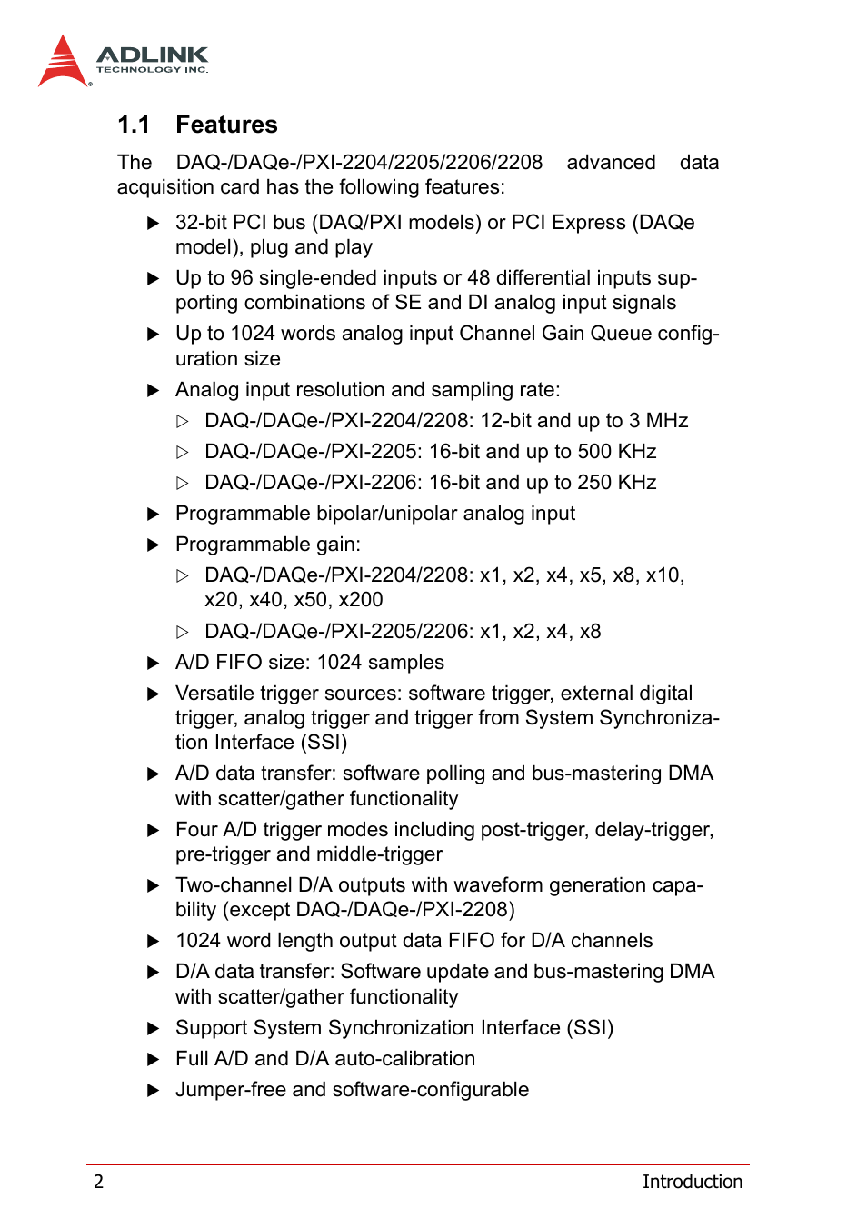 1 features, Features | ADLINK PXI-2208 User Manual | Page 14 / 100