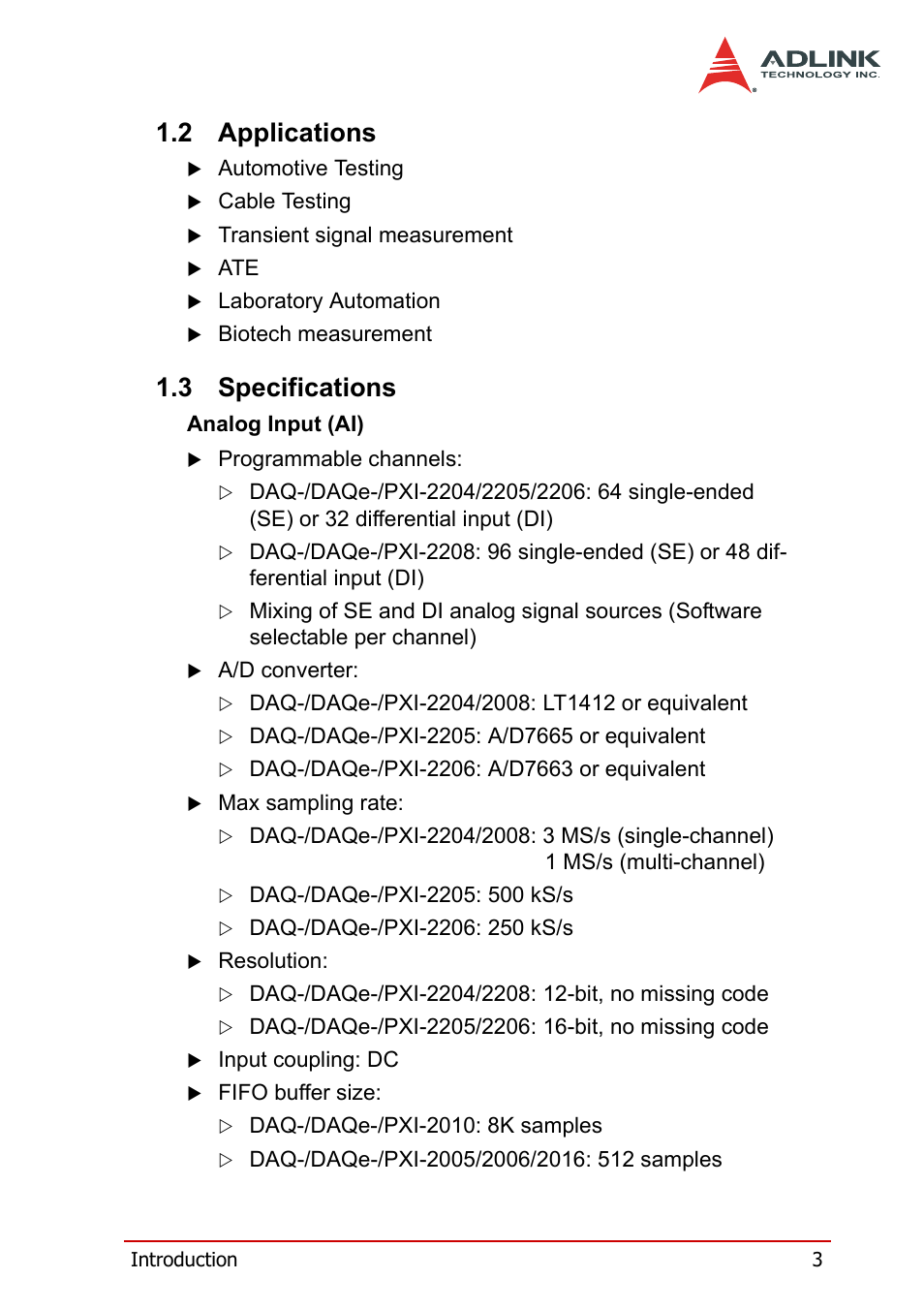 2 applications, 3 specifications, Applications | Specifications | ADLINK PXI-2208 User Manual | Page 15 / 100
