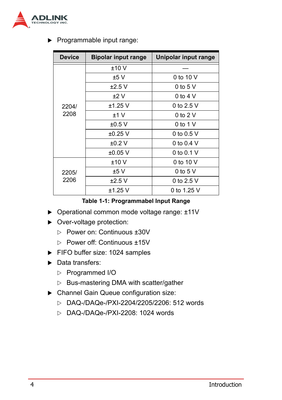 Table 1-1, Programmabel input range | ADLINK PXI-2208 User Manual | Page 16 / 100