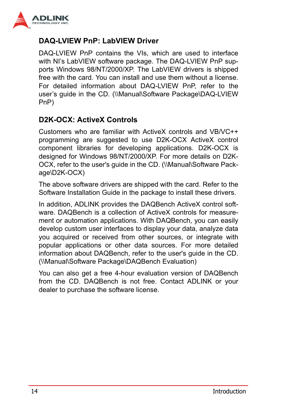 Daq-lview pnp: labview driver, D2k-ocx: activex controls | ADLINK PXI-2208 User Manual | Page 26 / 100