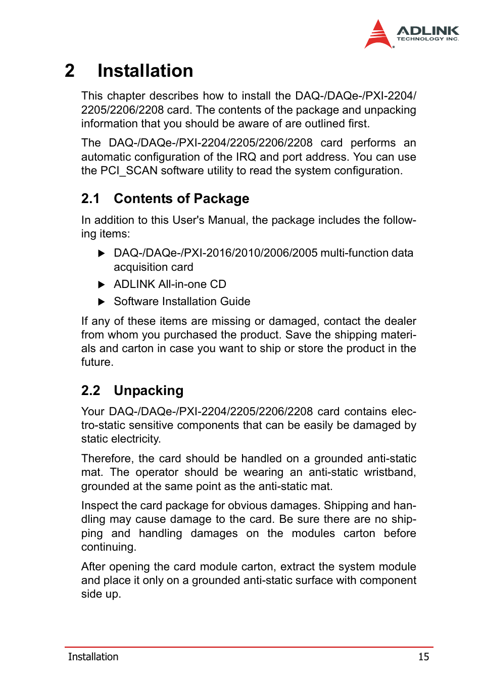 2 installation, 1 contents of package, 2 unpacking | Contents of package, Unpacking, 2installation | ADLINK PXI-2208 User Manual | Page 27 / 100