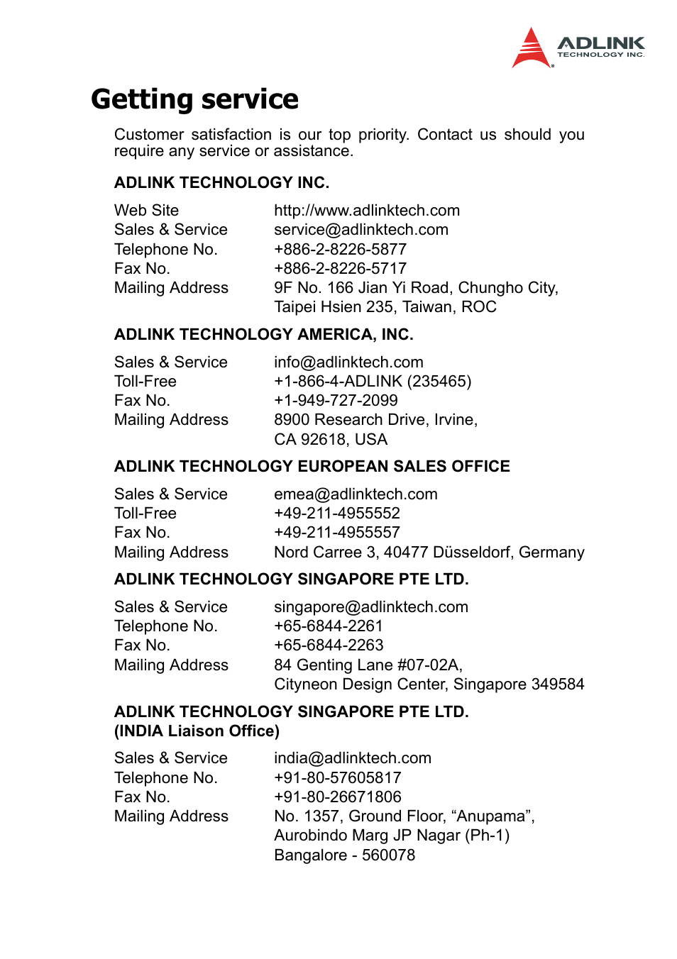 Getting service | ADLINK PXI-2208 User Manual | Page 3 / 100