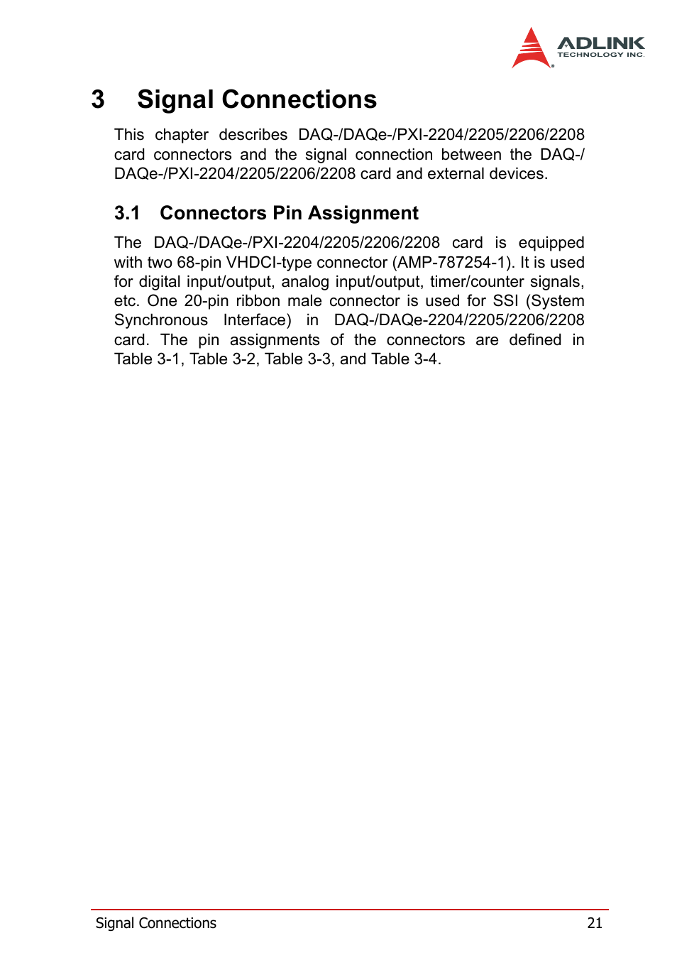 3 signal connections, 1 connectors pin assignment, Connectors pin assignment | 3signal connections | ADLINK PXI-2208 User Manual | Page 33 / 100