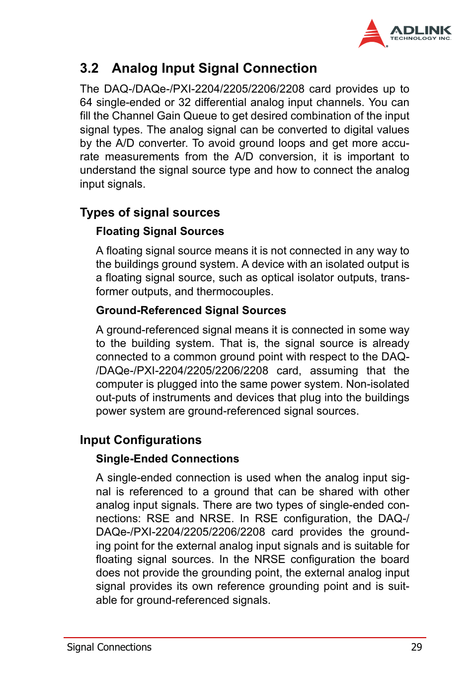 2 analog input signal connection, Types of signal sources, Input configurations | Analog input signal connection, Types of signal sources input configurations | ADLINK PXI-2208 User Manual | Page 41 / 100