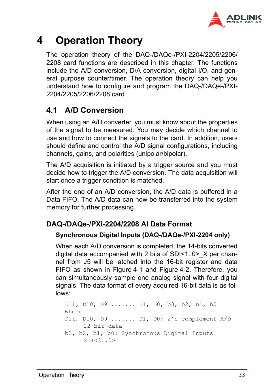 4 operation theory, 1 a/d conversion, Daq-/daqe-/pxi-2204/2208 ai data format | A/d conversion, 4operation theory | ADLINK PXI-2208 User Manual | Page 45 / 100