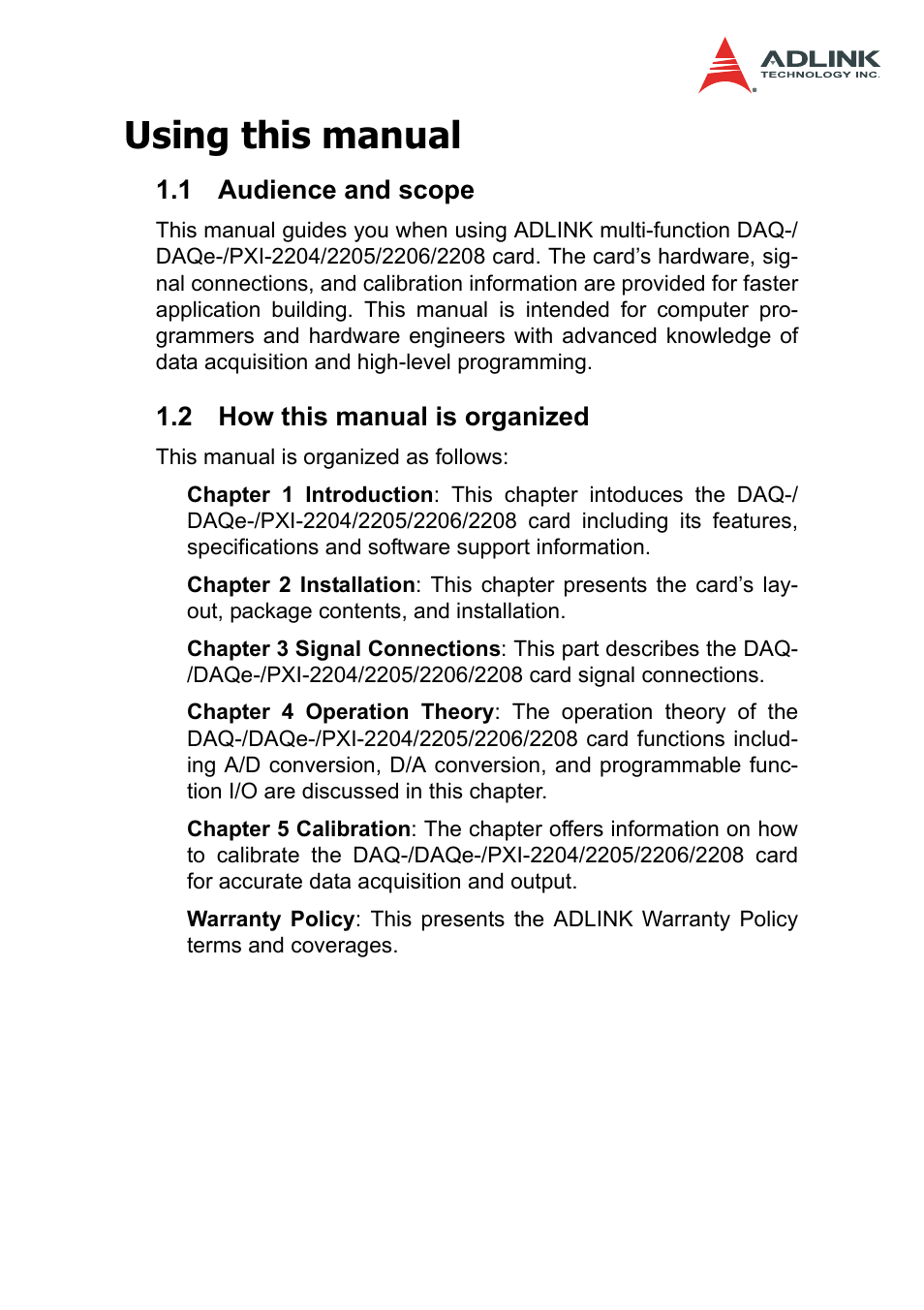 Using this manual | ADLINK PXI-2208 User Manual | Page 5 / 100