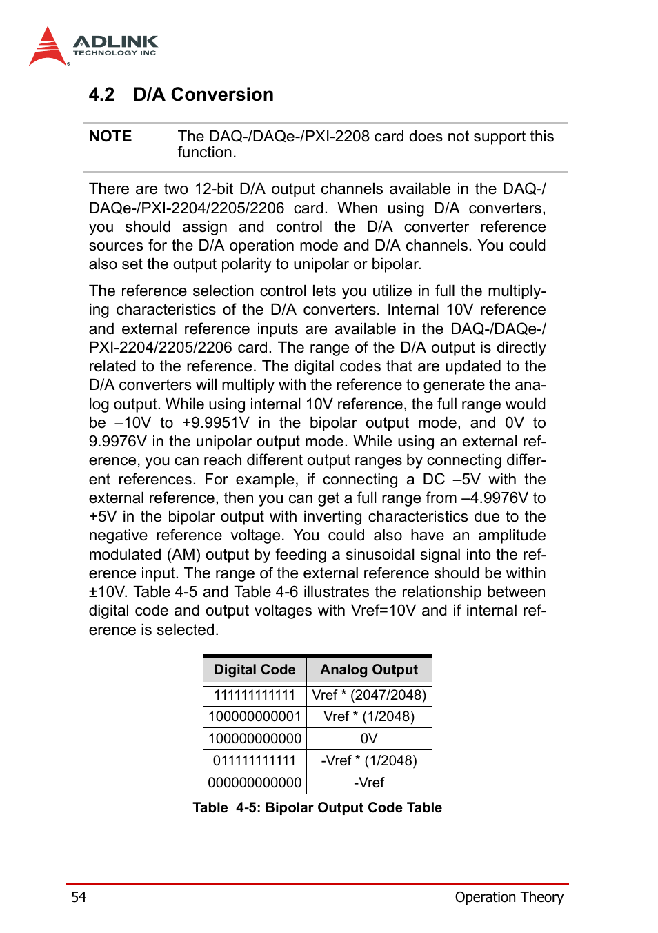 2 d/a conversion, D/a conversion, Table 4-5: bipolar output code table | ADLINK PXI-2208 User Manual | Page 66 / 100