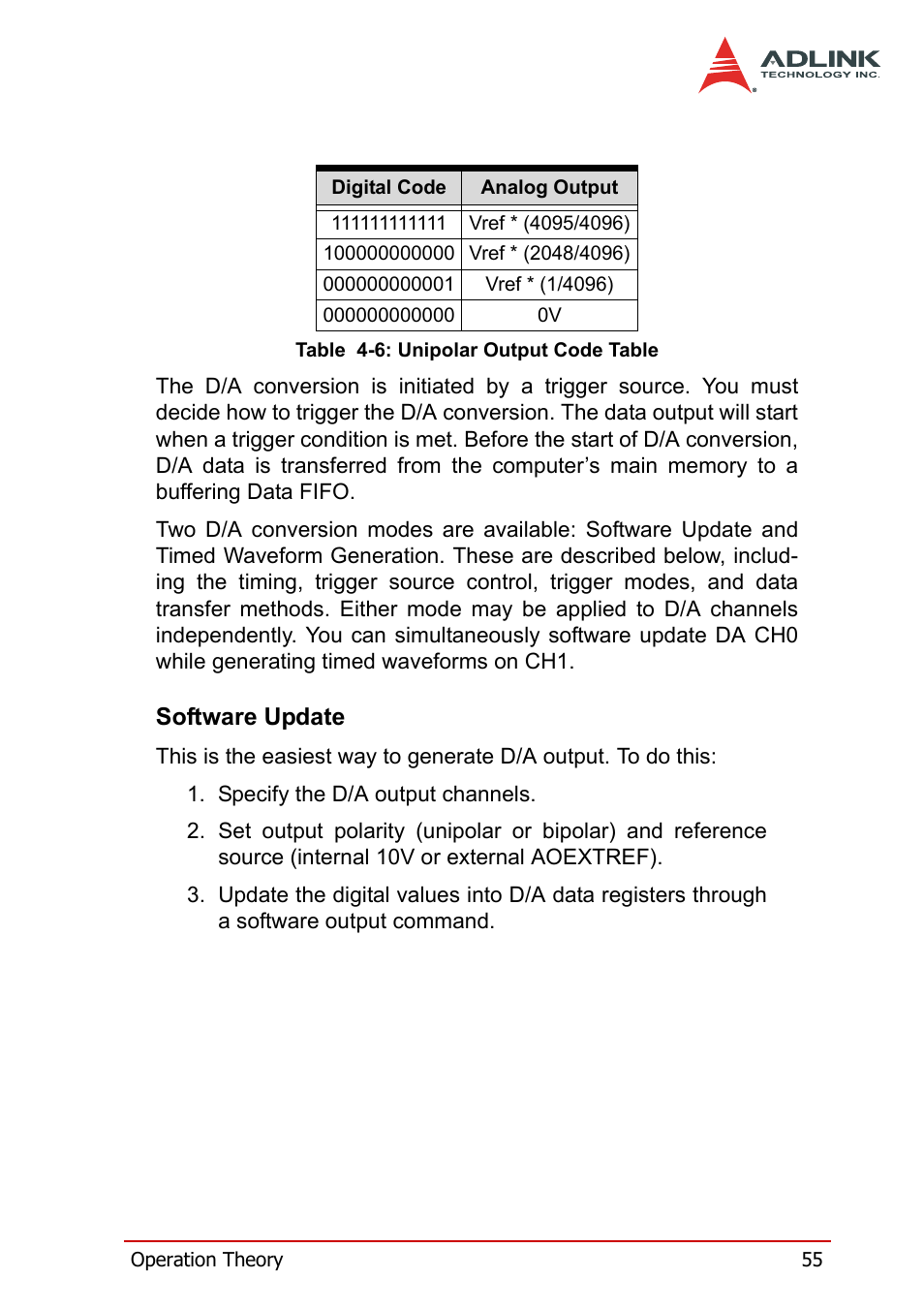 Software update, Table 4-6: unipolar output code table | ADLINK PXI-2208 User Manual | Page 67 / 100