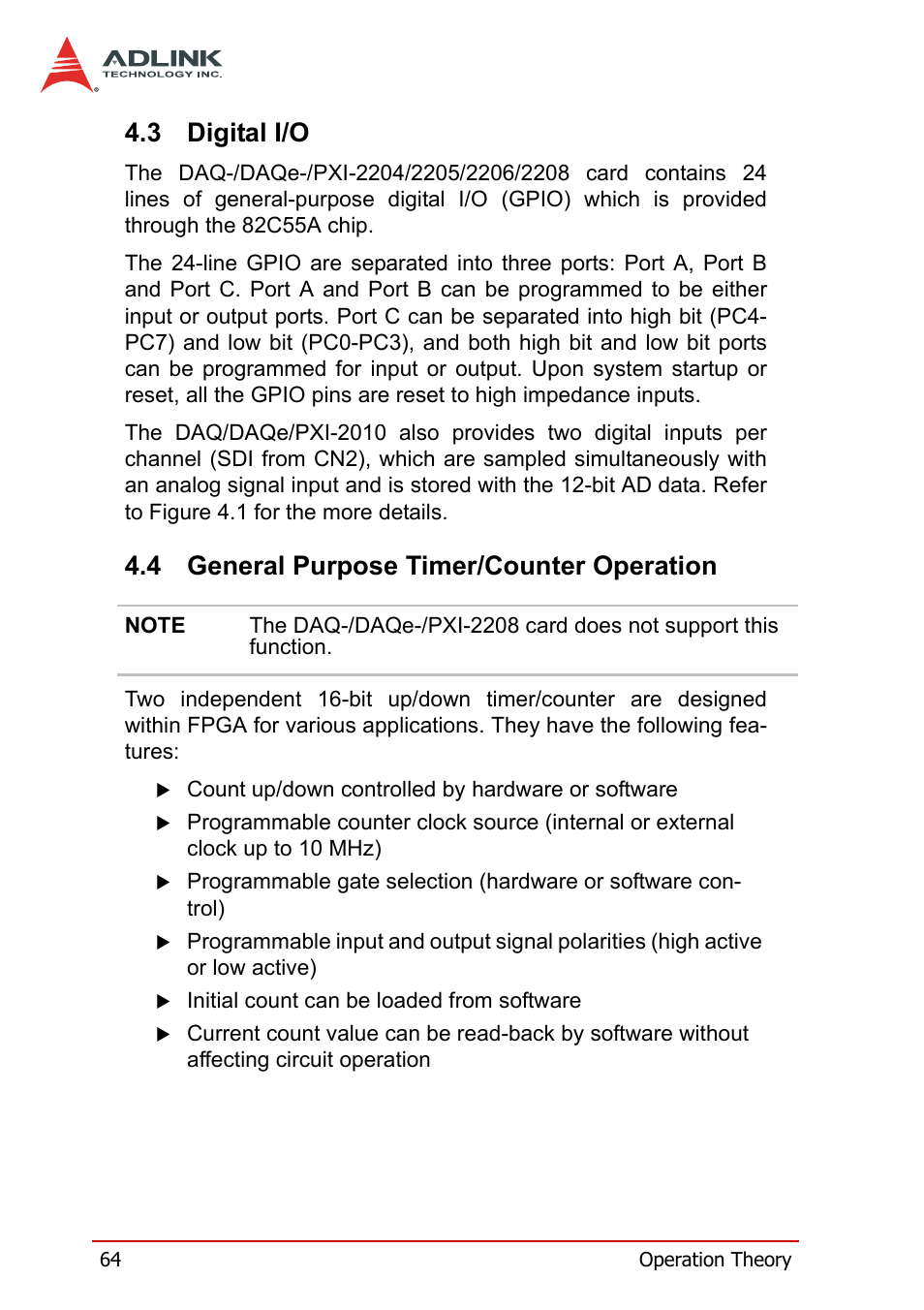 3 digital i/o, 4 general purpose timer/counter operation, Digital i/o | General purpose timer/counter operation | ADLINK PXI-2208 User Manual | Page 76 / 100