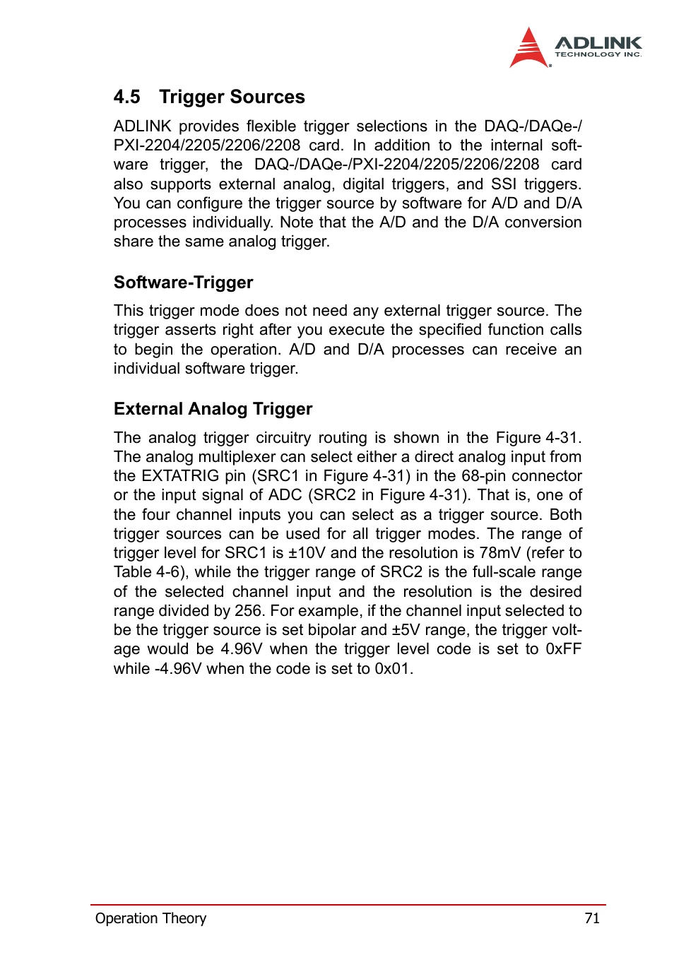 5 trigger sources, Software-trigger, External analog trigger | Trigger sources, Software-trigger external analog trigger | ADLINK PXI-2208 User Manual | Page 83 / 100