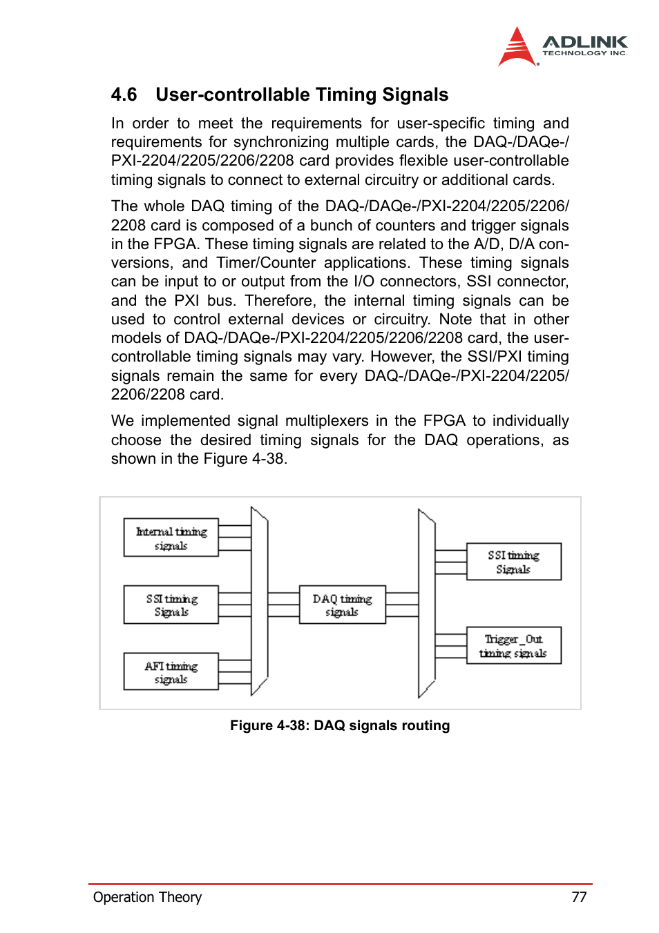 6 user-controllable timing signals, User-controllable timing signals, Figure 4-38: daq signals routing | ADLINK PXI-2208 User Manual | Page 89 / 100