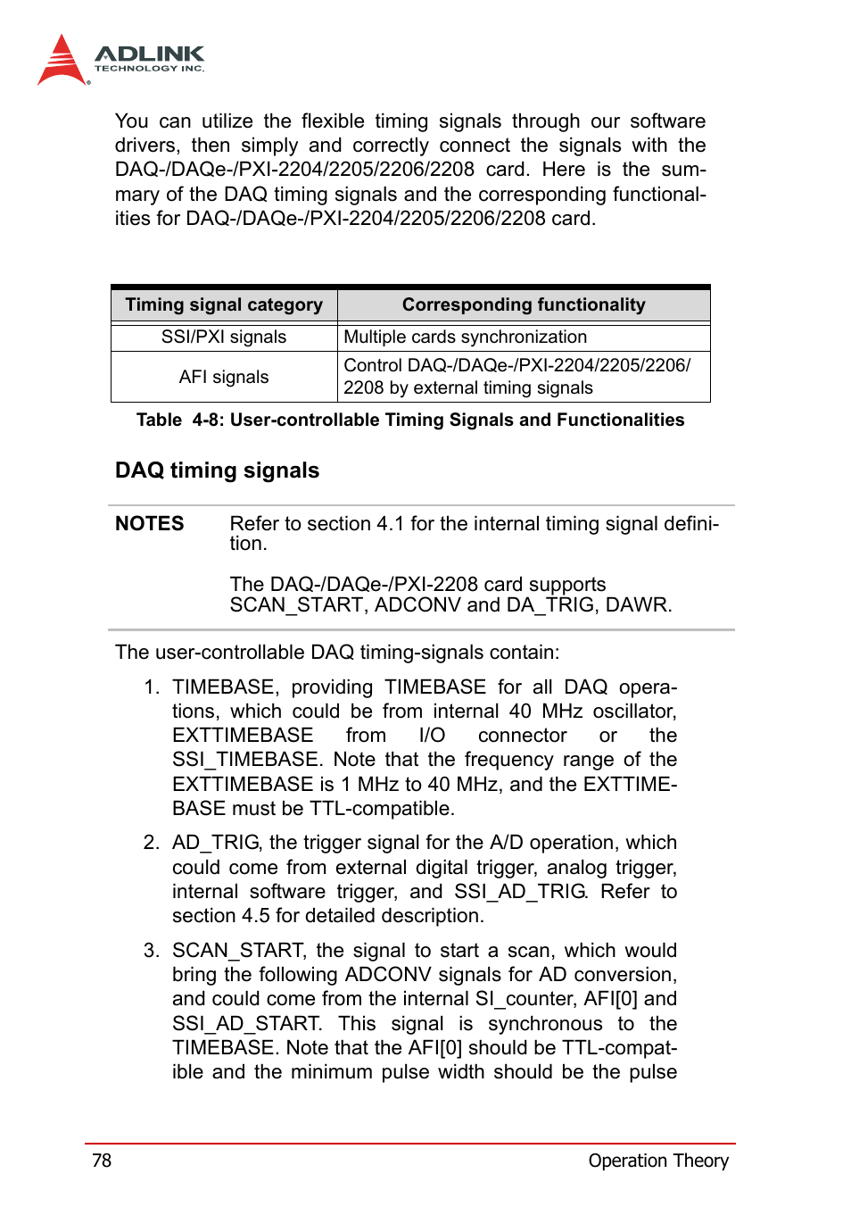 Daq timing signals, Table 4-8: user-controllable timing signals and, Functionalities | ADLINK PXI-2208 User Manual | Page 90 / 100