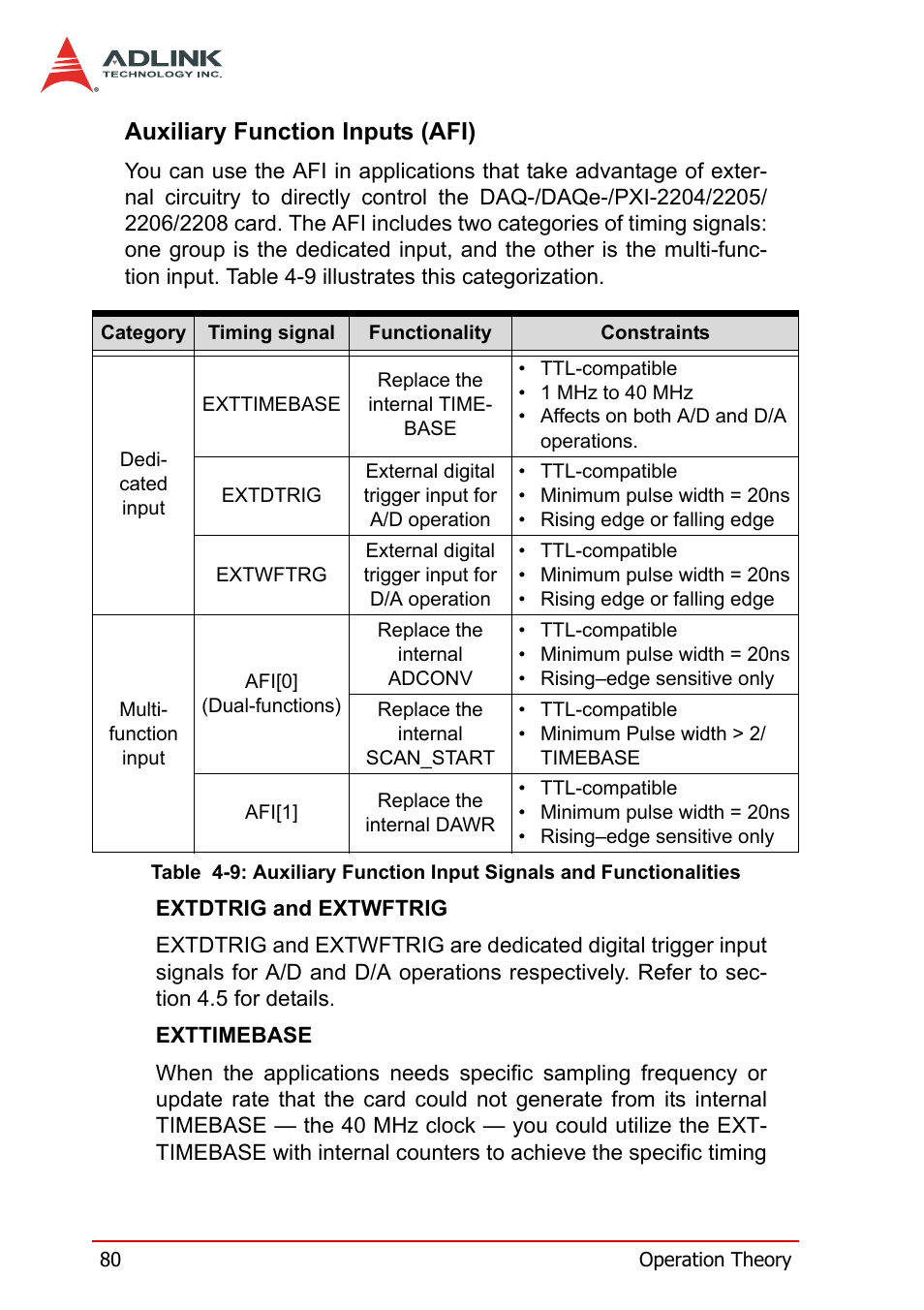 Auxiliary function inputs (afi), Table 4-9: auxiliary function input signals and, Functionalities | ADLINK PXI-2208 User Manual | Page 92 / 100