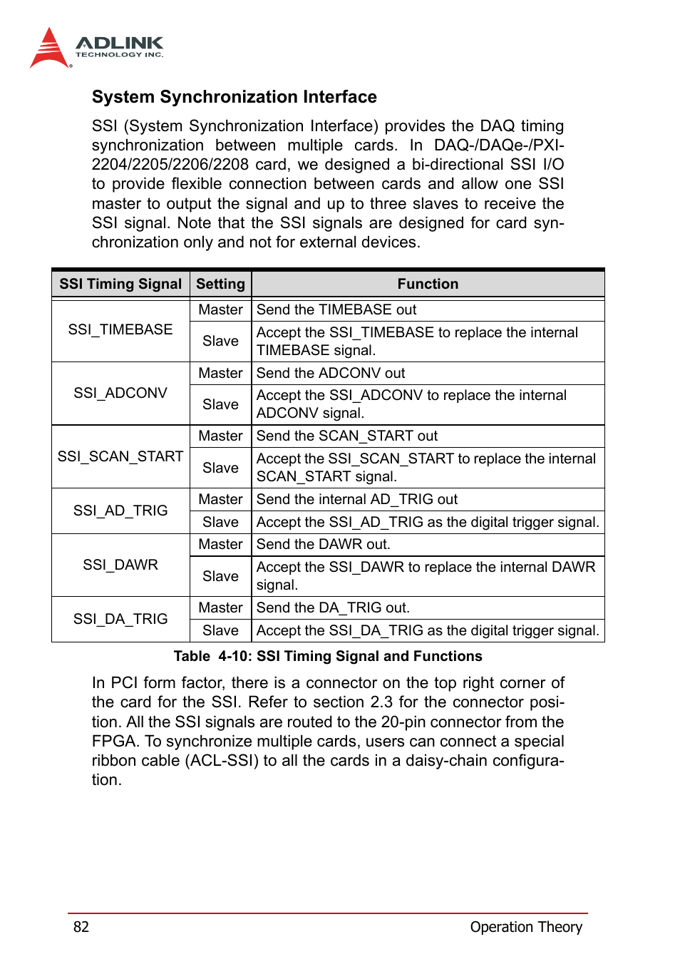 System synchronization interface, Table 4-10: ssi timing signal and functions | ADLINK PXI-2208 User Manual | Page 94 / 100