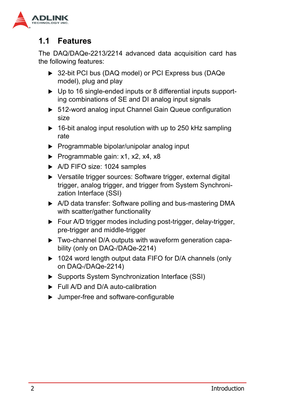 1 features, Features | ADLINK DAQe-2214 User Manual | Page 14 / 94