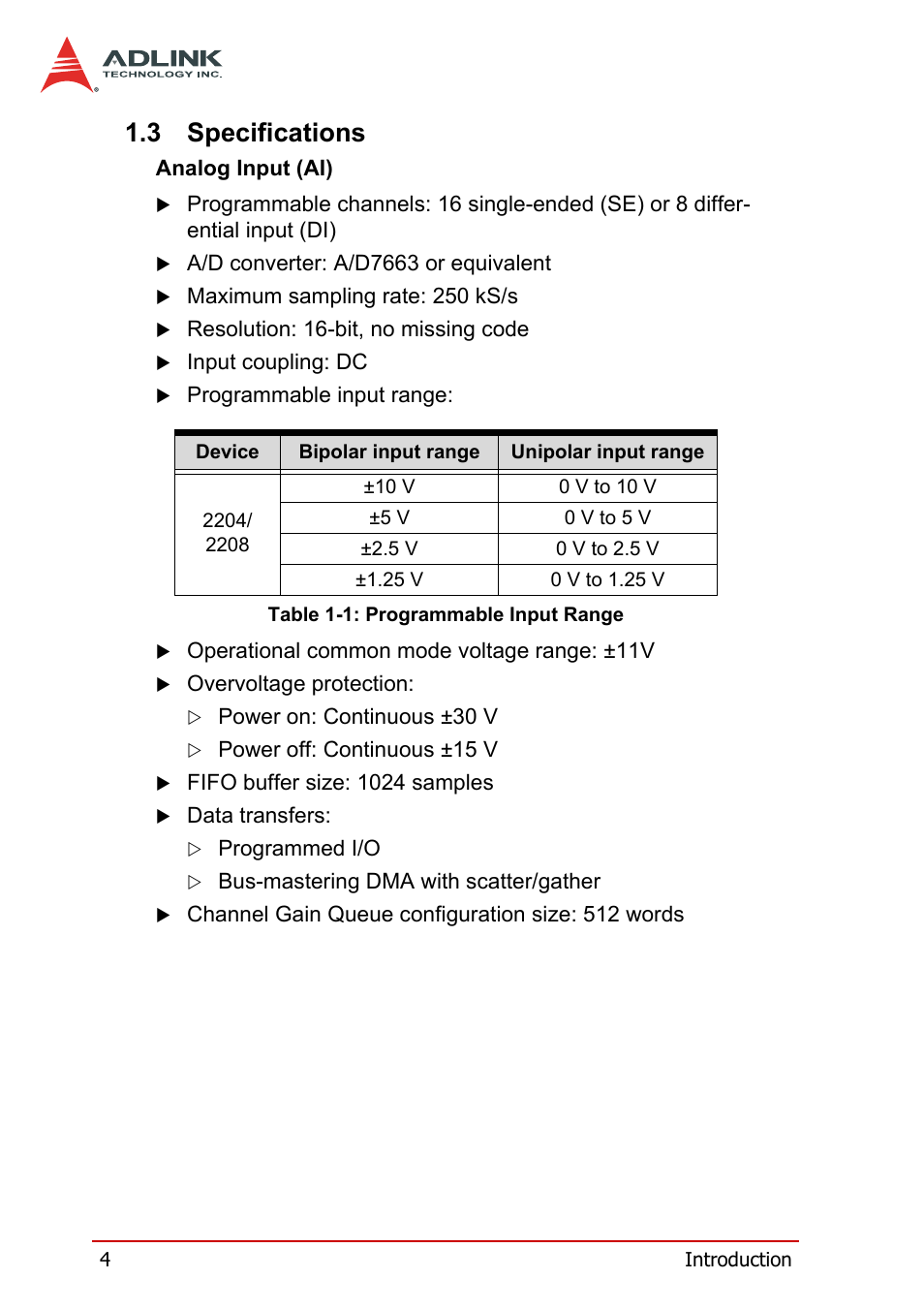 3 specifications, Specifications, Table 1-1 | Programmable input range | ADLINK DAQe-2214 User Manual | Page 16 / 94