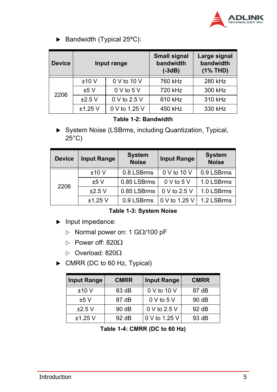 Table 1-2, Bandwidth, Table 1-3 | System noise, Table 1-4, Cmrr (dc to 60 hz) | ADLINK DAQe-2214 User Manual | Page 17 / 94