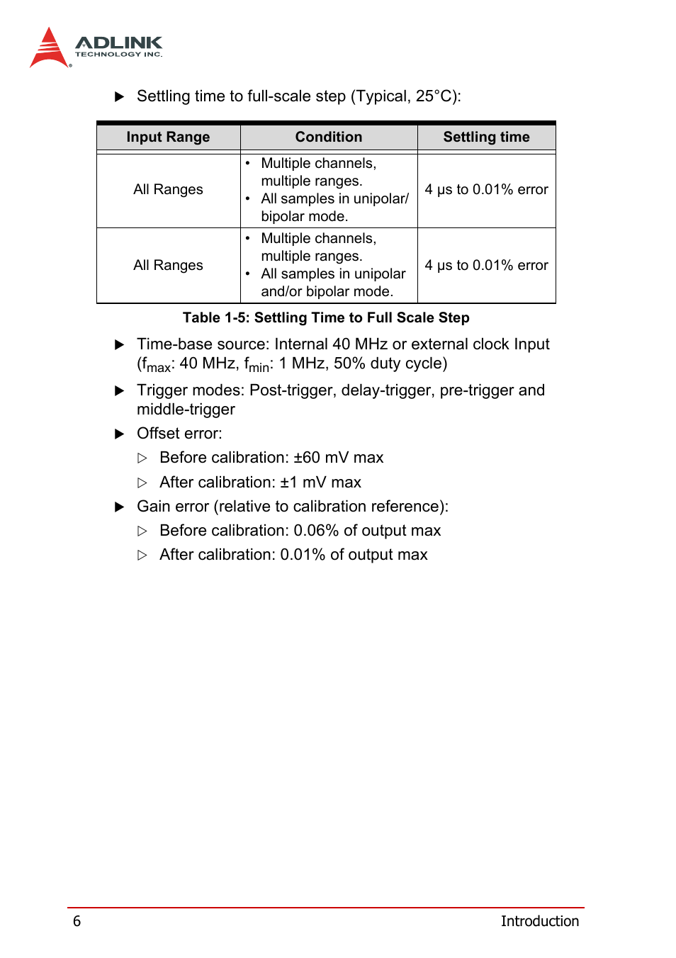 Table 1-5, Settling time to full scale step | ADLINK DAQe-2214 User Manual | Page 18 / 94