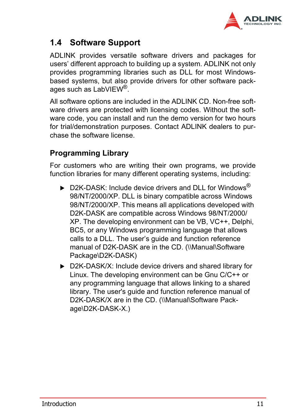 4 software support, Programming library, Software support | ADLINK DAQe-2214 User Manual | Page 23 / 94