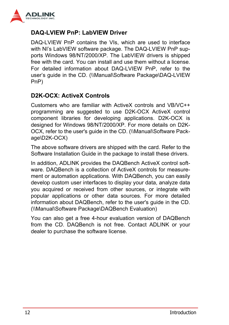 Daq-lview pnp: labview driver, D2k-ocx: activex controls | ADLINK DAQe-2214 User Manual | Page 24 / 94