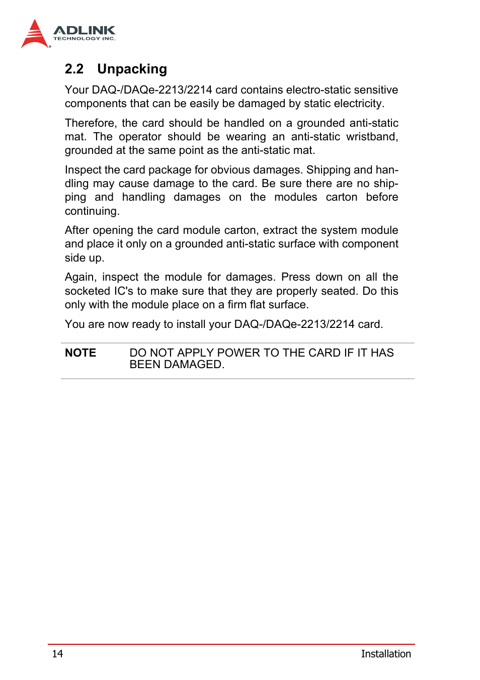 2 unpacking, Unpacking | ADLINK DAQe-2214 User Manual | Page 26 / 94