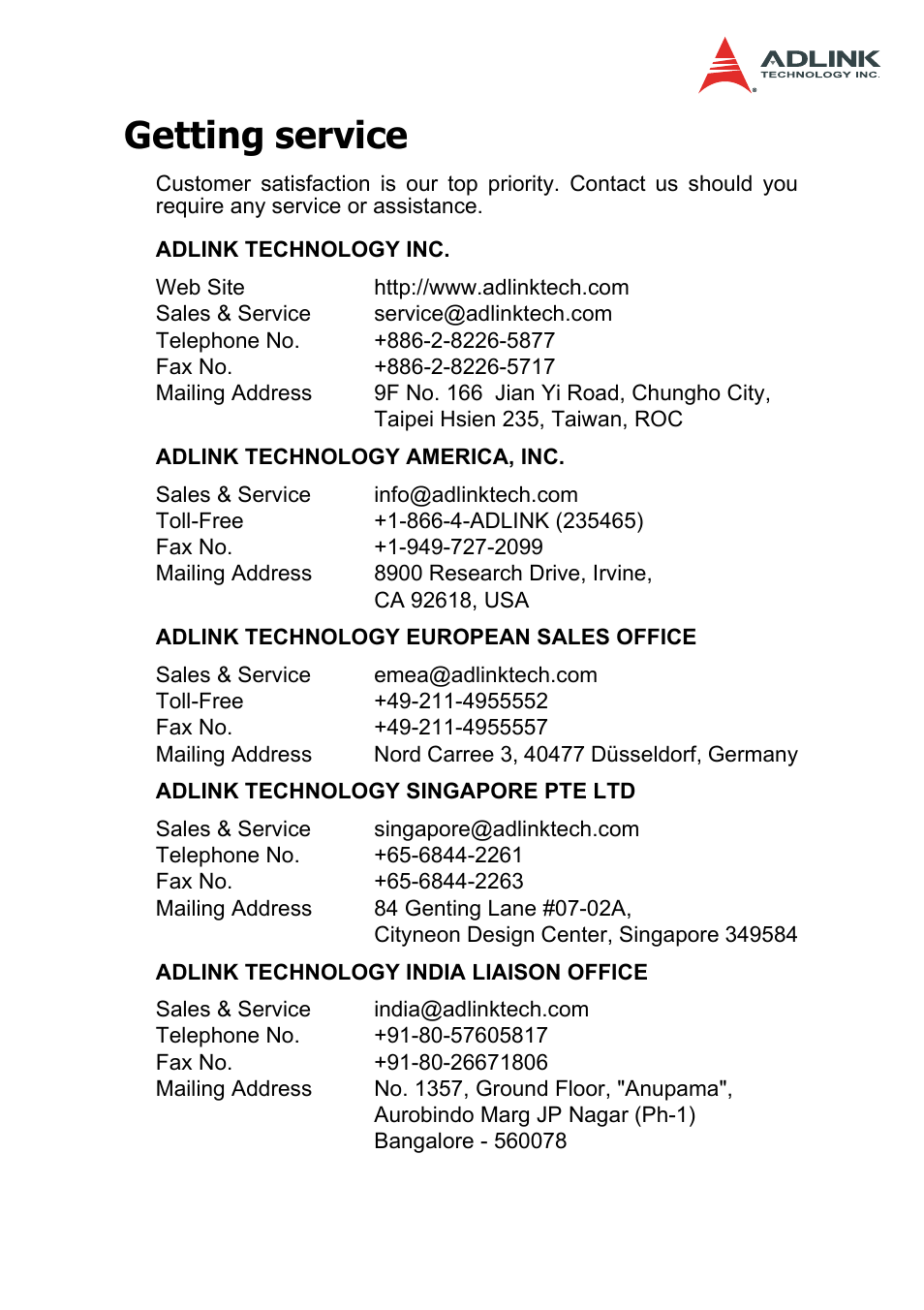 Getting service | ADLINK DAQe-2214 User Manual | Page 3 / 94
