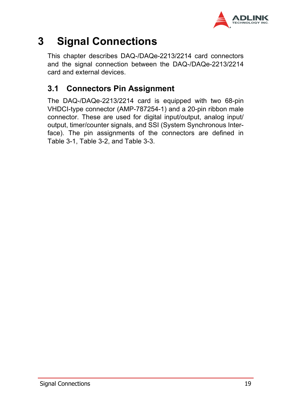 3 signal connections, 1 connectors pin assignment, Connectors pin assignment | 3signal connections | ADLINK DAQe-2214 User Manual | Page 31 / 94