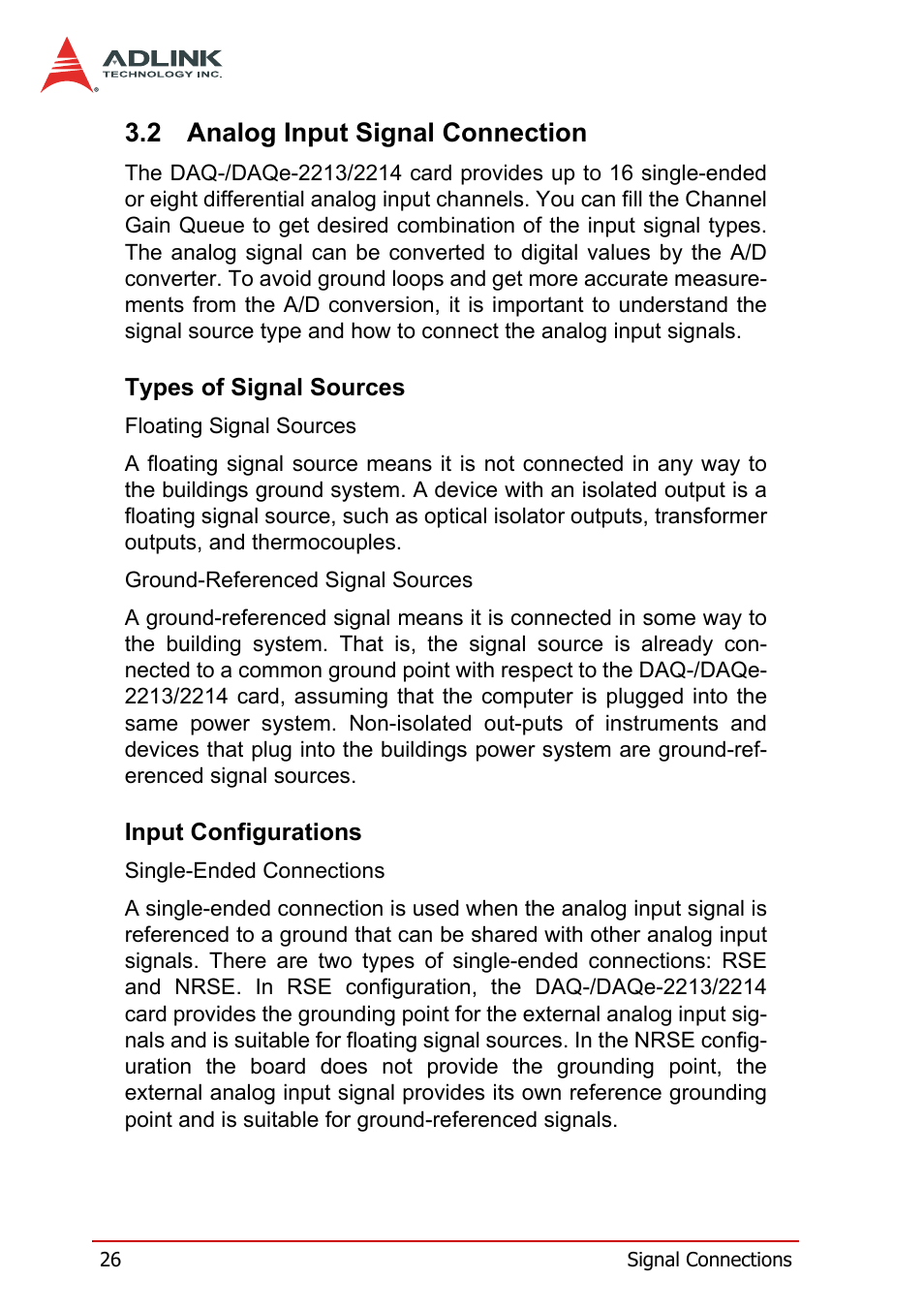 2 analog input signal connection, Types of signal sources, Input configurations | Analog input signal connection, Types of signal sources input configurations | ADLINK DAQe-2214 User Manual | Page 38 / 94